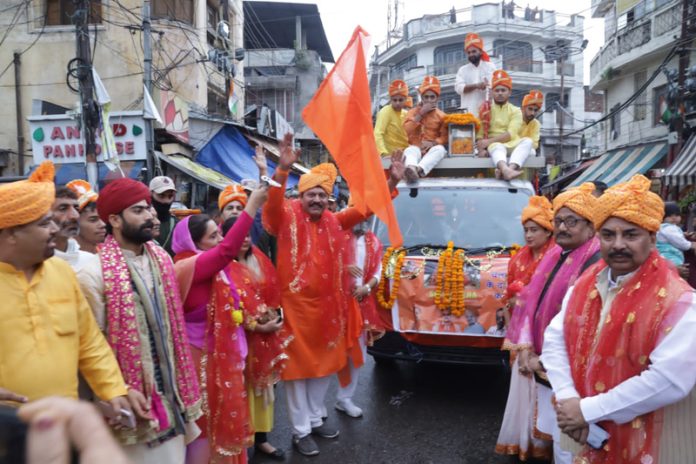 Chhari Yatra led by Shiv Sena leaving Raghunath Temple in Jammu on Saturday.