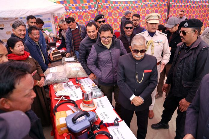 LG Ladakh BD Mishra inspecting a stall organised by Animal, Sheep and Husbandry Department on Saturday.