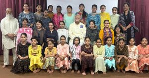 Students of Sewa Bharti posing with RSS chief Dr Mohan Rao Bhagwat at Jammu on Saturday.