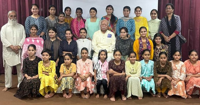 Students of Sewa Bharti posing with RSS chief Dr Mohan Rao Bhagwat at Jammu on Saturday.