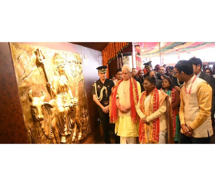 President Droupadi Murmu and LG Manoj Sinha at Skywalk at Mata Vaishno Devi Ji Bhawan on Thursday. President Droupadi Murmu and LG Manoj Sinha at Skywalk at Mata Vaishno Devi Ji Bhawan on Thursday.