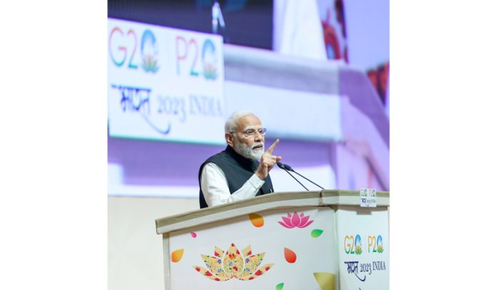 Prime Minister Narendra Modi addressing at the inauguration of the 9th G20 Parliamentary Speakers' Summit (P20) at Yashobhoomi in New Delhi on Friday.(UNI) Prime Minister Narendra Modi addressing at the inauguration of the 9th G20 Parliamentary Speakers' Summit (P20) at Yashobhoomi in New Delhi on Friday.(UNI)