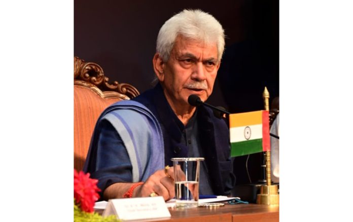 LG Manoj Sinha addressing a press conference in Srinagar on Friday.