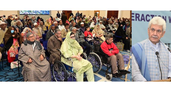 LG Manoj Sinha addressing Pensioners Sammelan at SKICC in Srinagar on Wednesday.