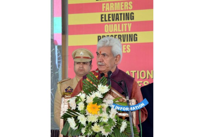 LG Manoj Sinha addressing a function at Pulwama on Sunday.
