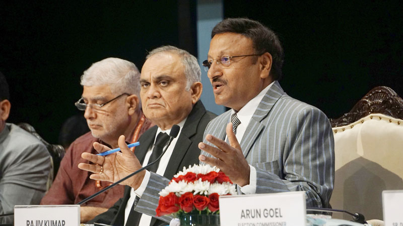 Chief Election Commissioner Rajiv Kumar with Election Commissioners announcing the dates of Assembly elections at a press conference in New Delhi on Monday. (UNI) Chief Election Commissioner Rajiv Kumar with Election Commissioners announcing the dates of Assembly elections at a press conference in New Delhi on Monday. (UNI)