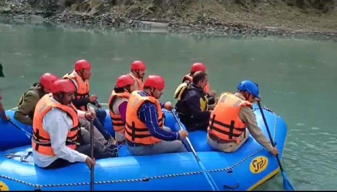 Enthusiasts taking part in river rafting in Gulabgarh, Paddar on Monday. Enthusiasts taking part in river rafting in Gulabgarh, Paddar on Monday.