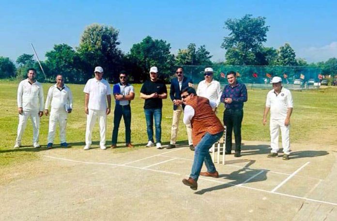 Arun Gupta, President Chamber of Commerce and Industry and J&K Veterans Cricket Association in action during inaugural event. Arun Gupta, President Chamber of Commerce and Industry and J&K Veterans Cricket Association in action during inaugural event.