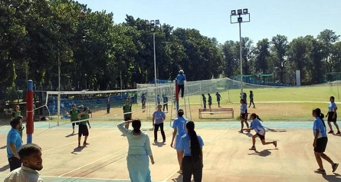Players in action during Inter-Collegiate Women Volleyball pre-quarterfinal match on Wednesday. Players in action during Inter-Collegiate Women Volleyball pre-quarterfinal match on Wednesday.