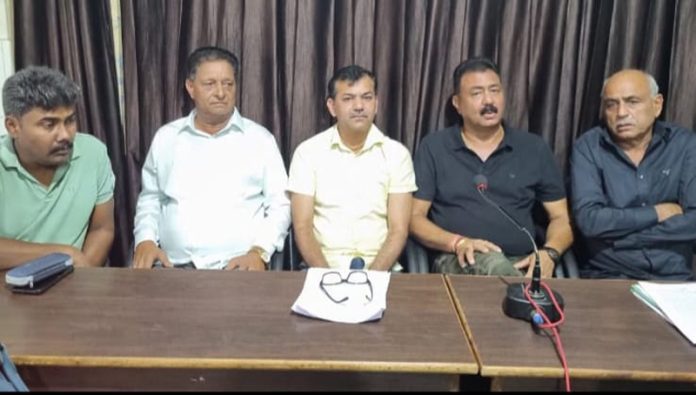 Heads of various contractors’ associations addressing joint press conference in Jammu. — Excelsior/Rakesh