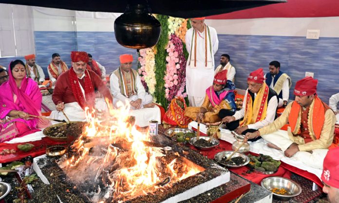 Priests performing religious ceremonies during Shat Chandi Maha Yagya at the Holy Shrine of Shri Mata Vaishno Devi on Monday.