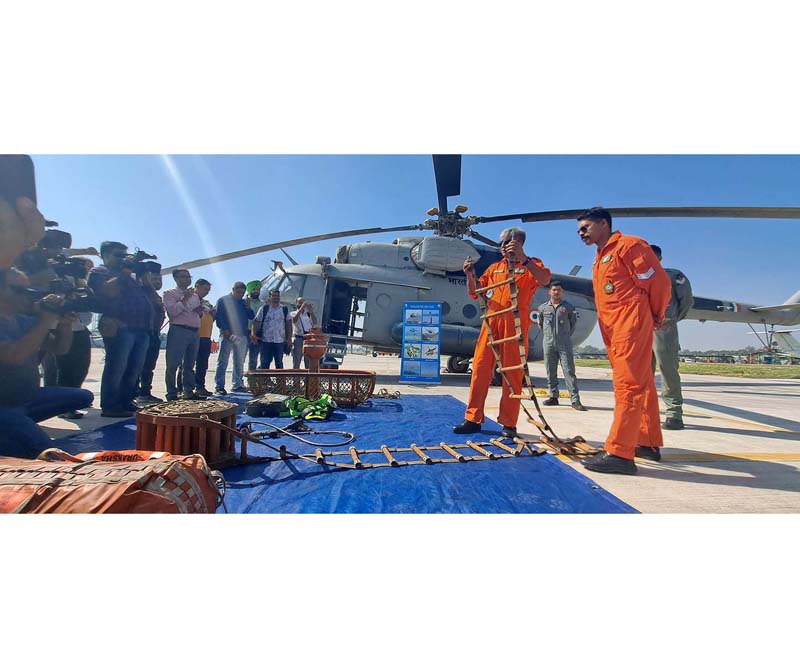 An IAF officer briefing about rescue gadgets and equipments being used in Disaster Relief Operations at Technical Airport in Jammu on Thursday. (UNI) An IAF officer briefing about rescue gadgets and equipments being used in Disaster Relief Operations at Technical Airport in Jammu on Thursday. (UNI)