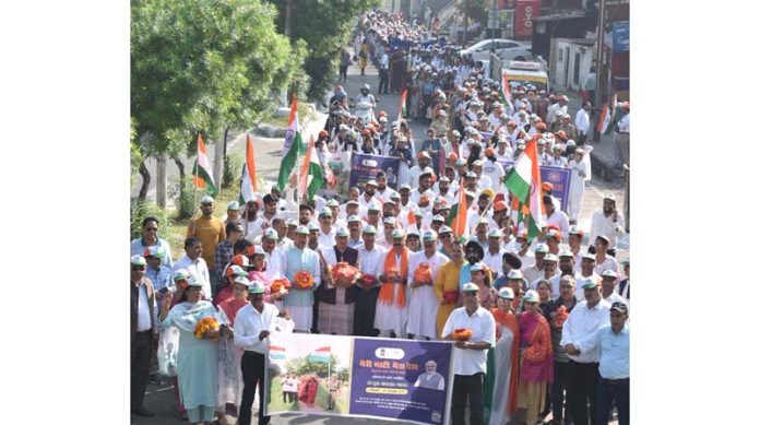JMC Mayor, Rajinder Sharma and Dy Mayor, Baldev Singh Billawaria leading Amrit Kalash Yatra in Jammu on Friday. -Excelsior/Rakesh