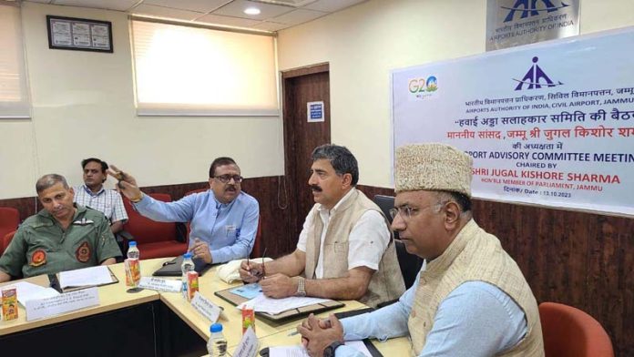 Members of Parliament Jugal Kishore Sharma and Gulam Ali Khatana during Airport Advisory Committee meeting at Jammu Airport.