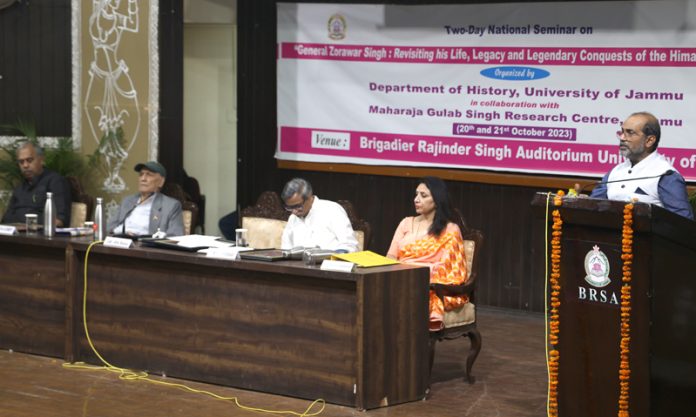 One of the speakers highlighting the role of General Zorawar Singh during seminar at JU on Saturday. -Excelsior/Rakesh One of the speakers highlighting the role of General Zorawar Singh during seminar at JU on Saturday. -Excelsior/Rakesh