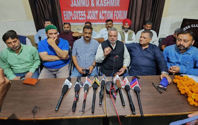 Leaders of GEJAF and EJCCJK addressing joint press conference in Jammu on Friday. -Excelsior/Rakesh