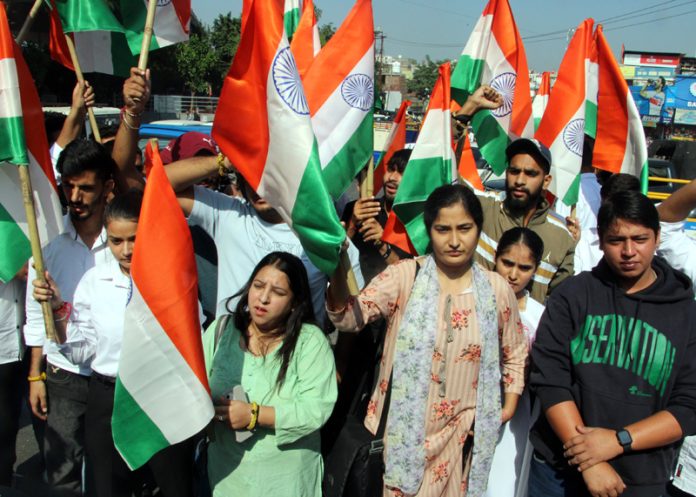 ABVP activists taking out Tiranga March at Jammu on Wednesday. -Excelsior/Rakesh