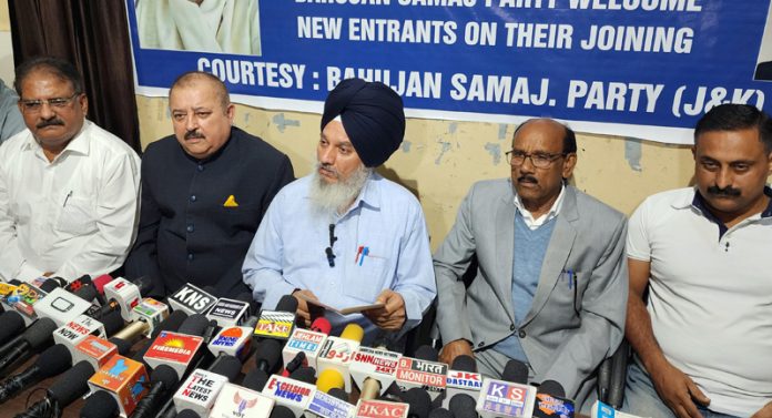 Senior BSP leader and Ex-MP, Dr Kareempuria addressing press conference in Jammu. -Excelsior/Rakesh