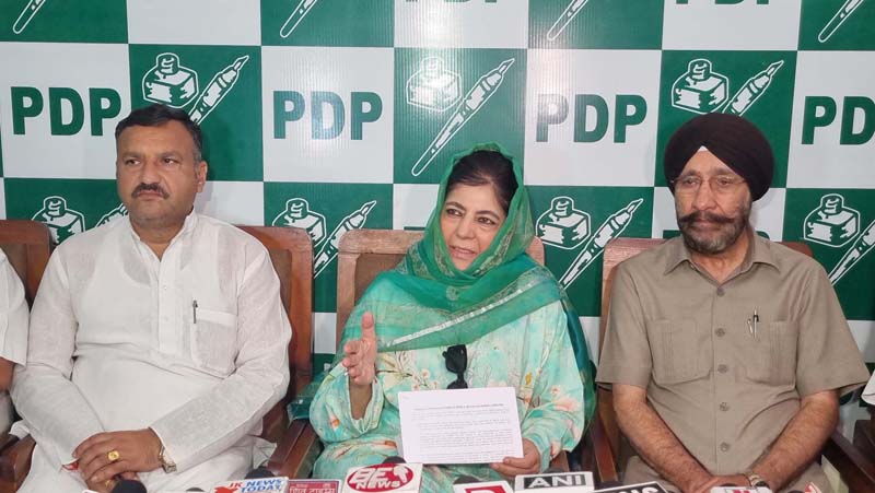PDP president Mehbooba Mufti speaking to media persons in Jammu on Friday. -Excelsior/Rakesh PDP president Mehbooba Mufti speaking to media persons in Jammu on Friday. -Excelsior/Rakesh
