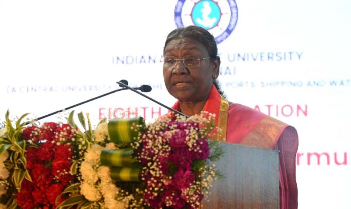 President Droupadi Murmu addressing the 8th convocation of Indian Maritime University in Chennai on Friday. (UNI) President Droupadi Murmu addressing the 8th convocation of Indian Maritime University in Chennai on Friday. (UNI)