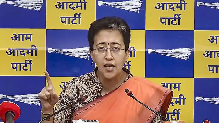 Delhi Education Minister Atishi Singh addressing a press conference at the party office, in New Delhi.