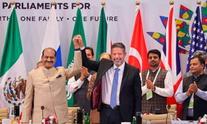 Om Birla handed over the P20 presidency to the president of Brazil's Chamber of Deputies, Arthur Cesar Pereira de Lira. (PTI)