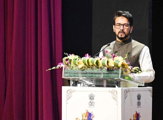 Union Minister for Information and Broadcasting, Youth Affairs and Sports, Anurag Singh Thakur addressing the gathering at the launch of KTB-Bharat Hain Hum, Animation Series, in New Delhi on Wednesday. (UNI)