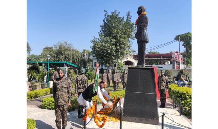 BJP leader, Surjeet Singh Slathia paying floral tribute to Brigadier Rajinder Singh at Vijaypur on Friday.