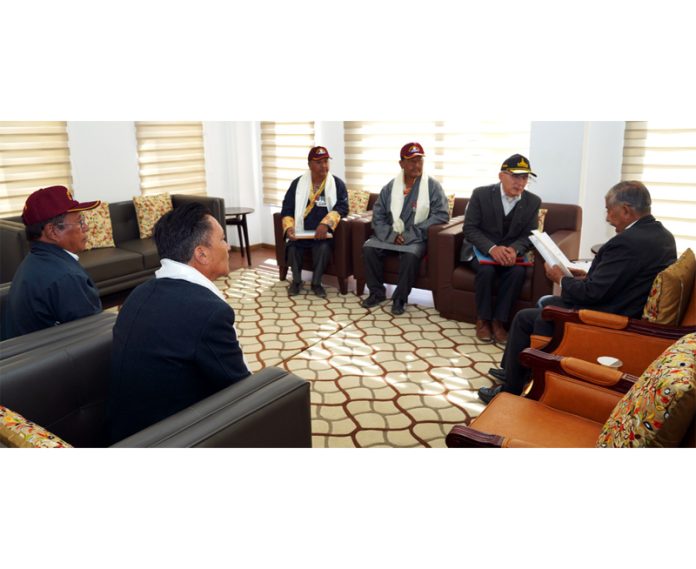 A delegation interacting with LG Ladakh, Brig (Retired) BD Mishra, at Raj Niwas in Leh on Thursday.