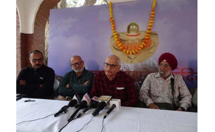 Suresh Kumar Sharma (Receiver, Panjvaktra Mahadev Temple) and others during a press conference at Jammu on Sunday.