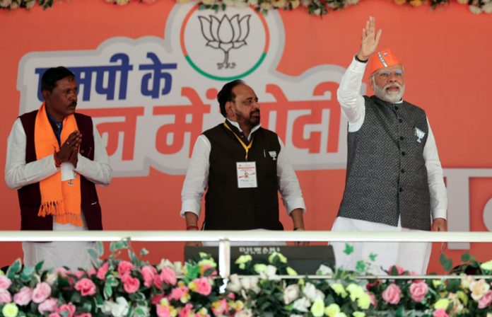 Prime Minister Narendra Modi during a public meeting ahead of Madhya Pradesh Assembly elections on Wednesday.