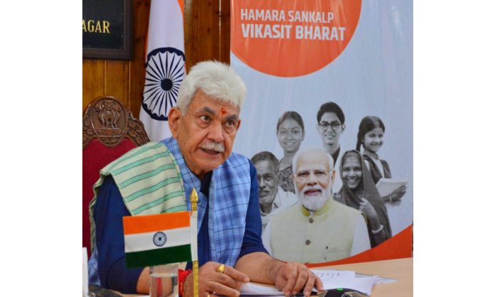 LG Manoj Sinha attending launch of 'Viksit Bharat Sankalp Yatra' in Srinagar on Wednesday.