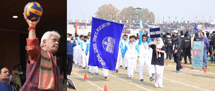 Lieutenant Governor, Manoj Sinha inaugurating 67th National School Games at Bakshi Stadium, Srinagar on Tuesday.