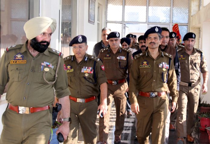 DGP RR Swain along with IG and other officers in Jammu on Monday.