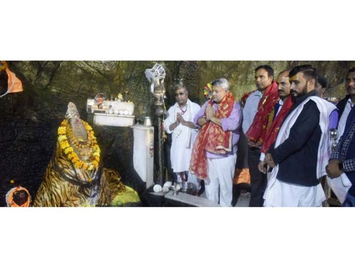 DDC Reasi paying obeisance at Shiv Khori Cave Shrine on Saturday.