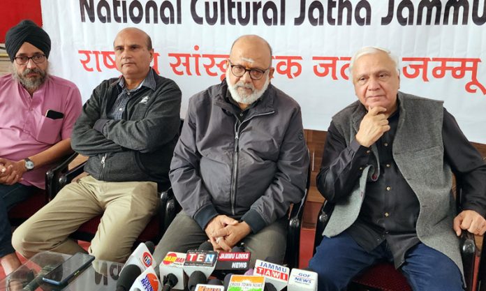 Prominent local artists and literary personalities addressing a press conference at Jammu on Tuesday. -Excelsior/Rakesh Prominent local artists and literary personalities addressing a press conference at Jammu on Tuesday. -Excelsior/Rakesh