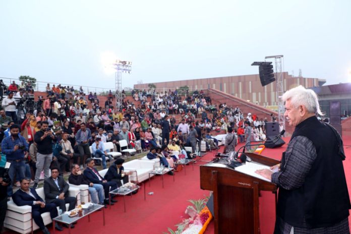 LG Manoj Sinha addressing a function of JK UT Day celebrations in New Delhi on Saturday. LG Manoj Sinha addressing a function of JK UT Day celebrations in New Delhi on Saturday.