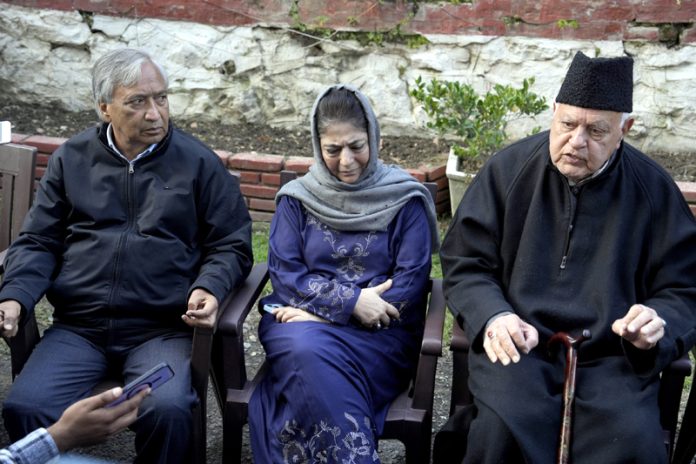 NC president Dr Farooq Abdullah addressing a press conference in Srinagar on Friday. — Excelsior/Shakeel