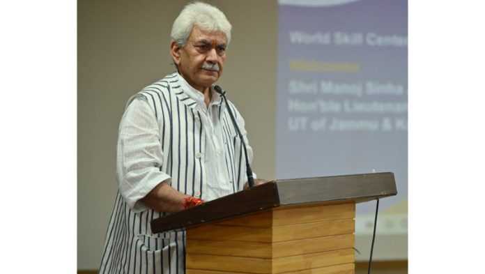 LG Manoj Sinha addressing at the World Skill Center in Bhubaneswar on Friday.