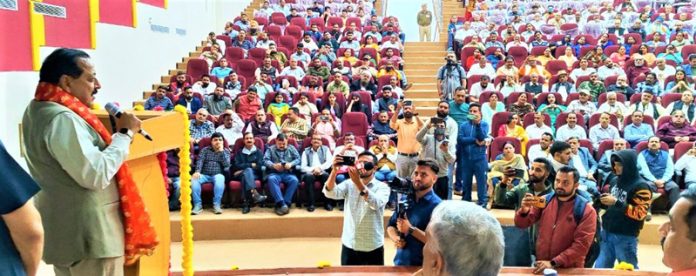Union Minister Dr. Jitendra Singh speaking after inaugurating ‘Divyang Sashaktikaran Sammelan’ at Reasi on Sunday. -Excelsior/Romesh Mengi
