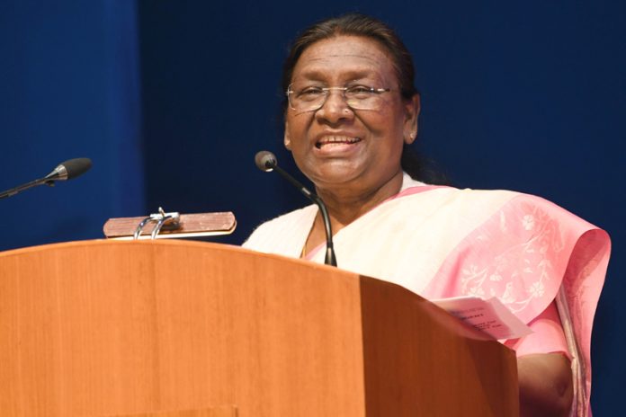 President Droupadi Murmu addressing the gathering after unveiling the statue of Dr B R Ambedkar to mark the Constitution Day at Supreme Court of India, in New Delhi on Sunday. (UNI)