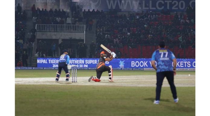 A batsman hitting a shot during a Legends League Cricket match in Jammu on Monday. -Excelsior/Rakesh A batsman hitting a shot during a Legends League Cricket match in Jammu on Monday. -Excelsior/Rakesh