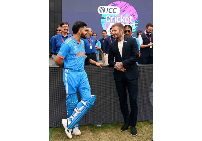 Former English Footballer David Beckham and cricketer Virat Kohli prior to the toss for the semi-finals match between India and New Zealand in the ICC Men's Cricket World Cup 2023, at Wankhede Stadium in Mumbai on Wednesday. Former English Footballer David Beckham and cricketer Virat Kohli prior to the toss for the semi-finals match between India and New Zealand in the ICC Men's Cricket World Cup 2023, at Wankhede Stadium in Mumbai on Wednesday.