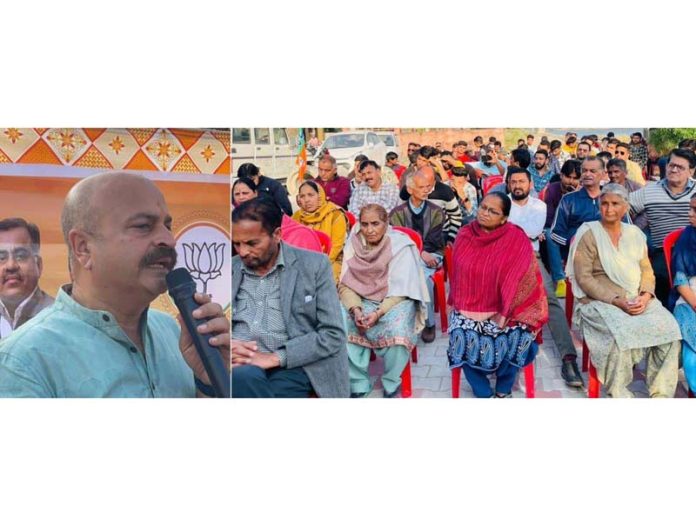BJP vice president Yudhvir Sethi addressing a public meeting at Gujjar Nagar on Friday.