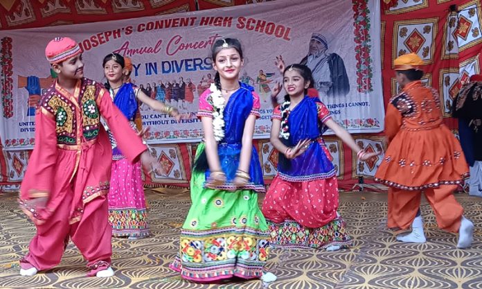Students performing cultural items during Annual Day event in school. Students performing cultural items during Annual Day event in school.