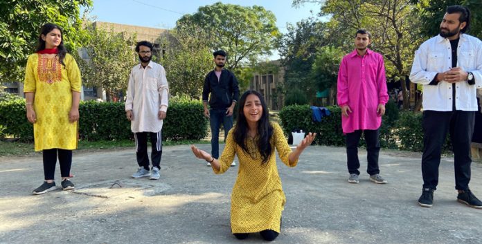 Artists performing during a play staged by Natrang in Jammu on Tuesday.