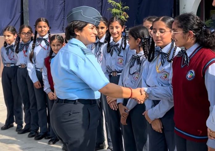 Wing Commander Pushpa Thakur interacting with students during a programme in Samba on Wednesday.
