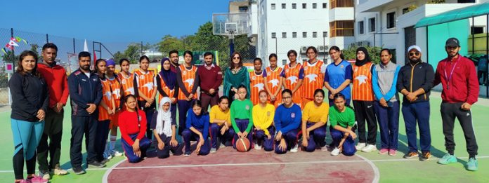 Players posing with dignitaries during Inter School Basketball Championship in Jammu. Players posing with dignitaries during Inter School Basketball Championship in Jammu.