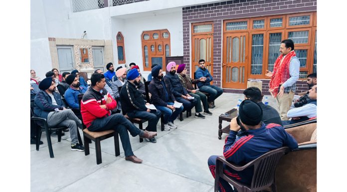 Former Deputy Mayor and senior BJP leader Baldev Singh Billawaria addressing party workers in Jammu on Wednesday.