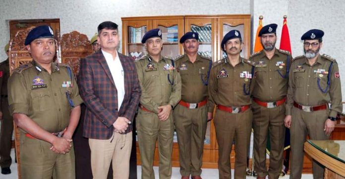 DGP RR Swain with newly promoted DySPs at Police Headquarters in Jammu on Thursday.